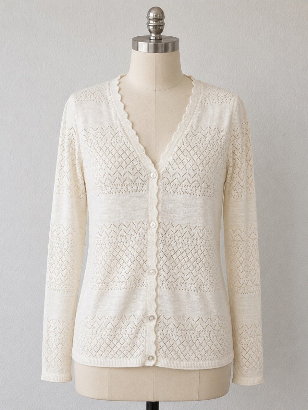 Frye Ivory Pointelle Cotton Cardigan Sweater Scalloped Hem Button Up XL - Picture 2 of 11